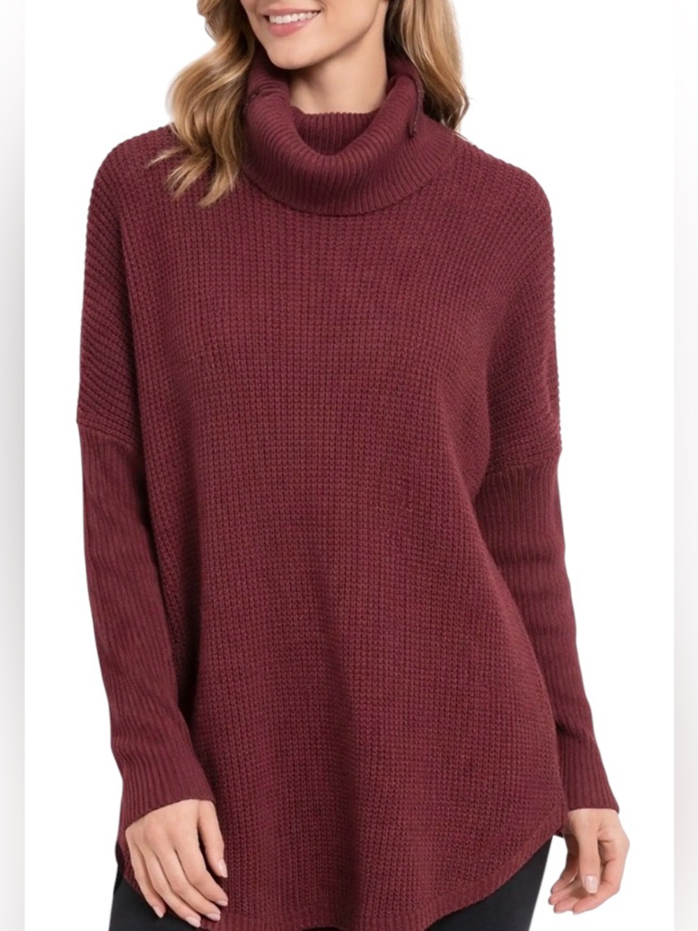 Michael Kors Burgundy Waffle Knit Long Sleeve Turtleneck Cowl Neck Sweater